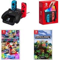 Nintendo Switch OLED Neon Red & Blue, Mario Kart 8 Deluxe, Minecraft & Charging Station for Controllers Bundle, Red,Blue