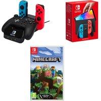 Nintendo Switch OLED Neon Red & Blue, Minecraft & Charging Station for Controllers Bundle, Red,Blue