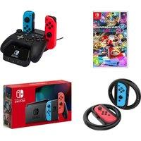 Nintendo Switch Neon Red & Blue, Mario Kart 8 Deluxe, Joy-Con Racing Wheels & PowerA Controller Charging Station, Red,Blue