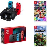 Nintendo Switch Neon Red & Blue, Mario Kart 8 Deluxe, Minecraft & PowerA Controller Charging Station, Red,Blue