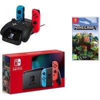 Nintendo Switch Neon Red & Blue, Minecraft & PowerA Controller Charging Station, Red,Blue