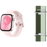 Huawei Watch Fit 3 (Pink) with Pink Fluoroelastomer Strap & Green Nylon Strap Bundle, Pink