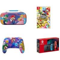 Nintendo Switch (Neon Red & Blue), Super Mario Party Jamboree, PowerA Enhanced Wireless Controller & Protection Case (Colour Splash Heroes) Bundle, Red,Blue