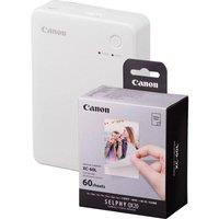 CANON SELPHY QX20 Portable Colour Photo Wireless Printer & XC-60L 54 x 85 mm Photo Paper & Ink Set - Sand White, 60 Sheets, White