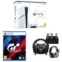 Sony PlayStation 5 (Model Group, Slim), Gran Turismo 7, G29 Racing Wheel with Pedals & ASTRO A10 Gaming Headset Bundle, White
