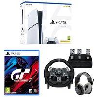 Sony PlayStation 5 (Model Group, Slim), Gran Turismo 7, G920 Racing Wheel with Pedals & ASTRO A10 Gaming Headset Bundle, White