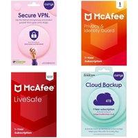 Mcafee LiveSafe (1 year, unlimited devices), Privacy and Identity Guard (1 year,1 user), Cloud Backup (4 TB, 1 year) & Secure VPN Bundle
