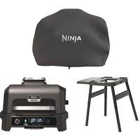 Ninja Woodfire Pro XL OG850UK Outdoor Electric BBQ Grill & Smoker with XL Cover & Universal Stand & Side Table Bundle - Black