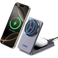 UGREEN MagFlow Qi2 2-in-1 Magnetic 15 W Wireless Charger, Silver/Grey