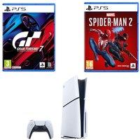 SONY PlayStation 5 (Model Group, Slim), Gran Turismo 7 & Marvel's Spider-Man 2 Bundle, White