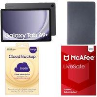 Samsung Galaxy Tab A9+ 11" Tablet (64 GB), Starter Kit, Cloud Backup (256 GB, 1 Year) & LiveSafe with new Scam Detector (1 Year, Unlimited devices) Bundle, Silver/Grey
