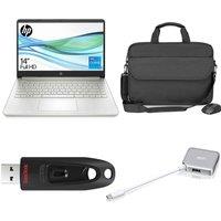 HP 14s-dq5500sa 14" Laptop, 4-port USB Type-C Hub, USB 3.0 Memory Stick, & 14.1" Laptop Bag & Wireless Mouse Bundle, Silver/Grey