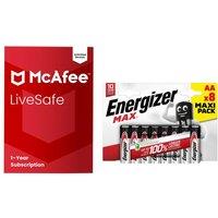 Mcafee LiveSafe with new Scam Detector (1 year, unlimited devices) & Max AA Alkaline Batteries (Pack of 8) Bundle