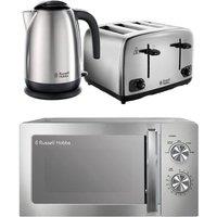 Russell Hobbs Solo Microwave, Jug Kettle & 4-Slice Toaster Bundle - Silver Polished, Silver/Grey