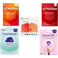 Mcafee 365 Personal - (12 months, automatic renewal, 1 user), LiveSafe with new Scam Detector (1 year, unlimited devices), Secure VPN (1 year), Cloud Backup (4 TB, 1 year) & Privacy & Identity Guard (1 year, 1 user) Bundle
