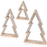 PREMIER Wooden Christmas Tree Decor with LED Lights - Set of 3, Beige