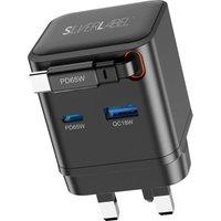 SILVERLABEL E71029020 2-in-1 65 W Dual USB Type-C & Type-A GaN Charger - Black, Retractable Cable, Black