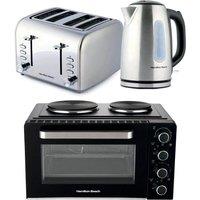 HAMILTON BEACH Rise Jug Kettle, 4-Slice Toaster & Mini Oven Bundle - Silver & Black, Black,Silver/Grey