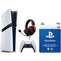 Sony PlayStation 5 Pro, Cloud II Pro 7.1 Gaming Headset (Black & Red) & PlayStation &pound;70 Gift Card Bundle, White