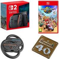 Nintendo Switch 2, Super Mario Bros 40th Anniversary Keychain, Nintendo Joy-Con Racing Wheels & Mario Kart World Bundle