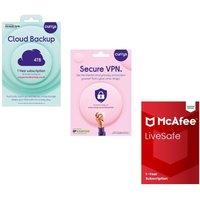 Mcafee VPN, Cloud & Antivirus Bundle: LiveSafe with new Scam Detector x 2 (1 year, auto renewal, unlimited devices, Secure VPN (1 year) & Cloud Backup (4 TB, 1 year)
