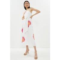 One Shoulder Floral Sequin Poplin Midi Dress With Belt