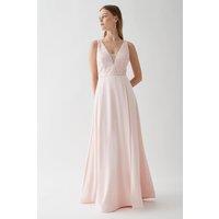 Sequin Mesh Bodice Full Satin Skirt Bridesmaid Dress