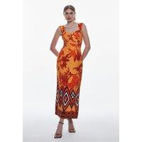 Linen Viscose Placed Border Print Woven Midi Dress