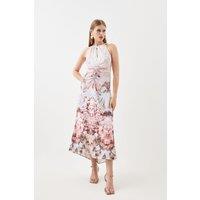 Placed Floral Ruched Waterfall Woven Maxi Dress