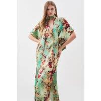 Floral Satin Crepe Tie Neck Woven Maxi Dress