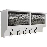 Hallway Wall Storage Shelf With 2 Baskets And 5 Coat Hooks White Grey