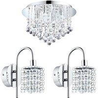 Low Ceiling Light & 2x Matching Wall Lights Chrome & Crystal IP44 Bathroom Lamp