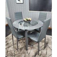 Round Glass Grey Kitchen Dining Table With Storage Shelf And 4 Grey Metal Chairs Set