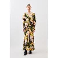 Petite Abstract Print Viscose Satin Batwing Long Sleeve Midi