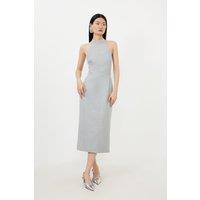 Tailored Wool Blend Tie Back Detail Halter Neck Pencil Dress