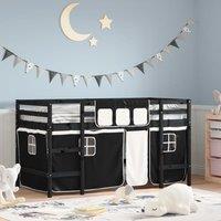 Kids' Loft Bed with Curtains White&Black 80x200cm Solid Wood Pine