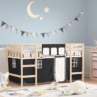 Kids' Loft Bed with Curtains White&Black 90x190cm Solid Wood Pine