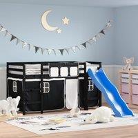 Kids' Loft Bed with Curtains White&Black 90x190cm Solid Wood Pine
