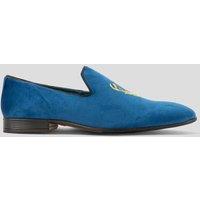 Oswin Hyde Men's Stag Velvet Embroidery Velvet Slipper in Navy | Size: 10