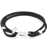 ANCHOR & CREW Men's Flyak Anchor Silver & Flat Leather Bracelet in Black