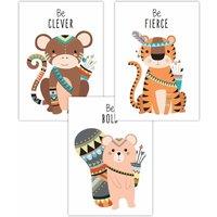 ARTZE Men's Set of 3 Nursery Tribal Monkey, Tiger, Squirrel Quote Art Posters in Orange | Size: W59 cm x H84 cm