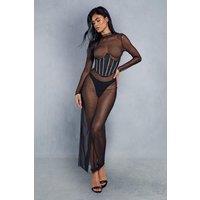 Mesh Diamante Trim Corset Sheer Long Sleeve Maxi Dress