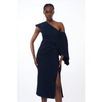 Compact Stretch Viscose Tailored One Shoulder Drape Detail Midi Dress