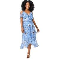 Roman Women's Petite Floral Cold Shoulder Midi Wrap Dress in Blue | Size: 12