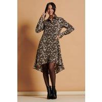 Jolie Moi Women's Abstract Print Dipped Hem Shirt Dress in Taupe | Size: 10