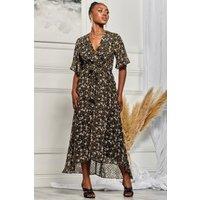 Jolie Moi Women's Angel Sleeve Wrap Tie Front Maxi Dress in Navy | Size: 12