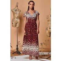 Jolie Moi Women's Carlii Symmetrical Print Mesh Maxi Dress in Burgundy | Size: 12