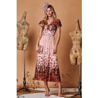 Jolie Moi Women's Symmetrical Floral Print Mesh Maxi Dress in Coral | Size: 12