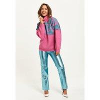 Liquorish Women's Animal Pattern Roll Neck Jumper In Pink & Turquoise | Size: XS