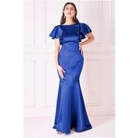 Goddiva Women's Satin Flutter Sleeve Mermaid Maxi in Navy | Size: 14